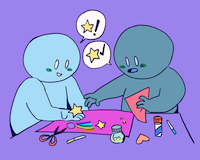 Two characters are working on a paper craft surrounded by scissors, glue, and pens and stuff. They are discussing the position of a star the character on the left is holding.