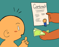 A character is looking at hands holding a Contract and cash money with interest and perhaps a little confusion?